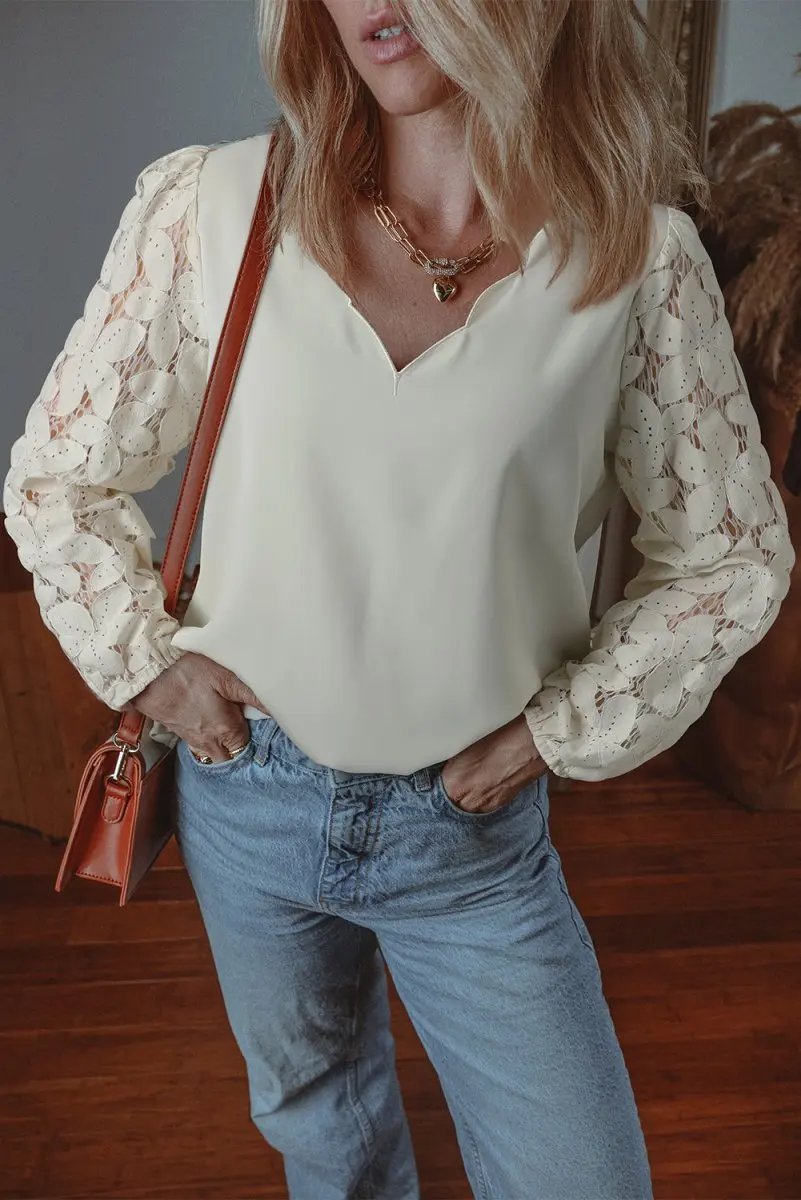 White Scalloped V Neckline Lace Hollowed Lantern Sleeve Blouse - Love Salve